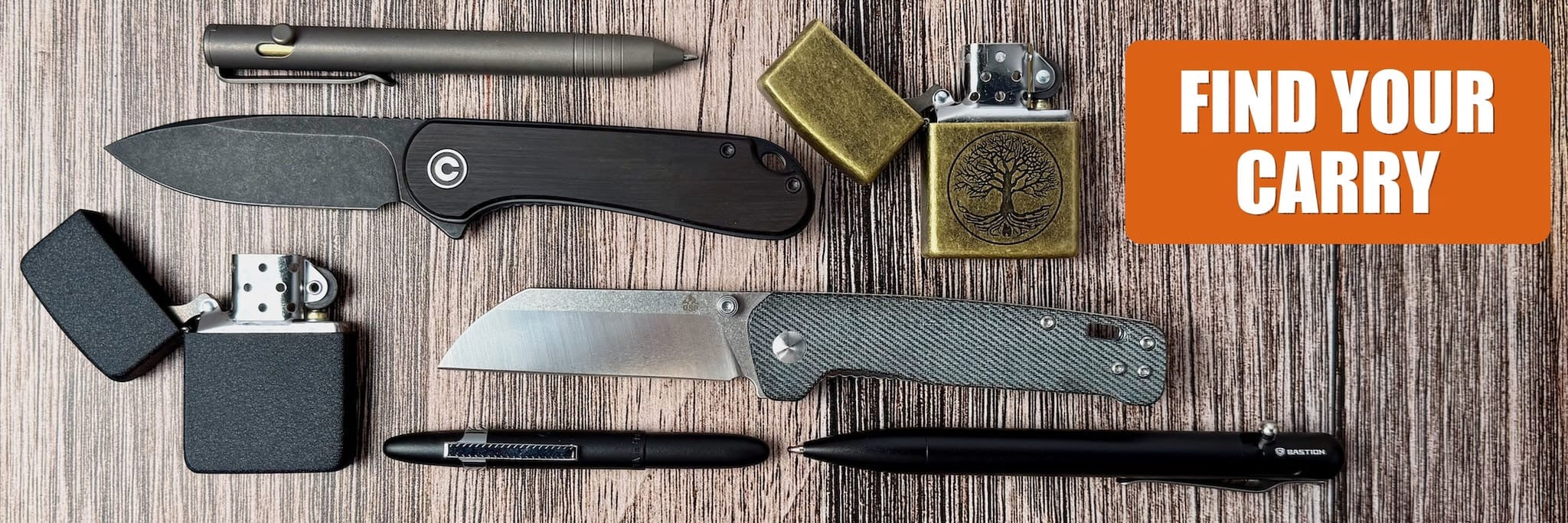 Everyday carry gear flat lay: pocket knives, Zippo lighters, and Tactile Turn pens on wood — Mighty Oak Supply Co. Find Your Carry