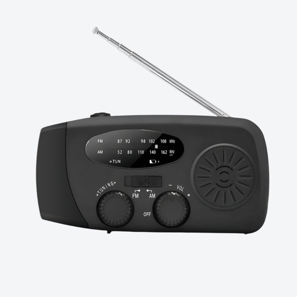 Portable Radio with Solar Power, Hand Crank, Charging Cable, Power Bank, Flashlight