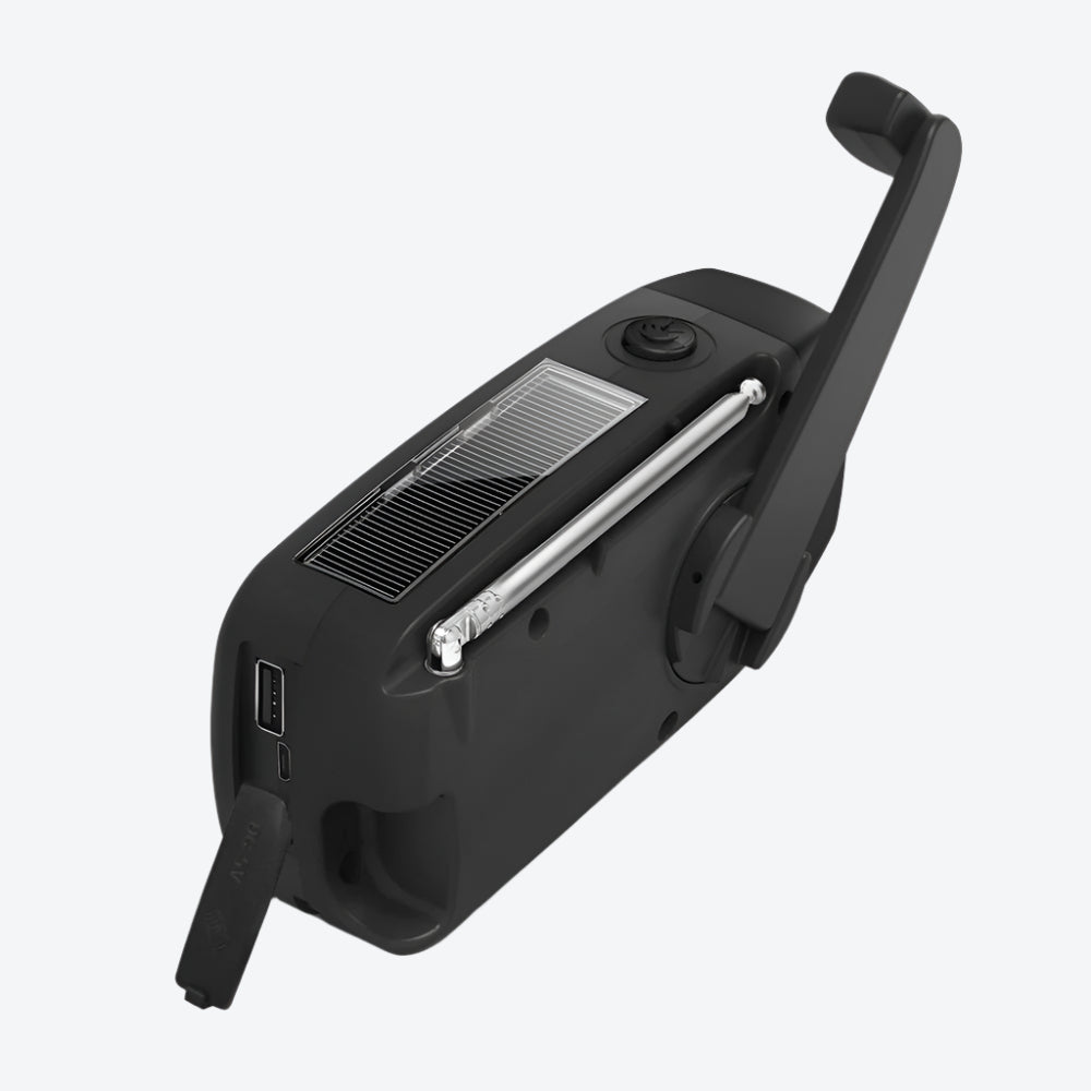 Portable Radio with Solar Power, Hand Crank, Charging Cable, Power Bank, Flashlight