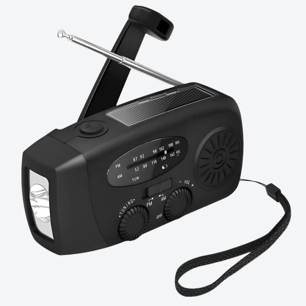 Portable Radio with Solar Power, Hand Crank, Charging Cable, Power Bank, Flashlight