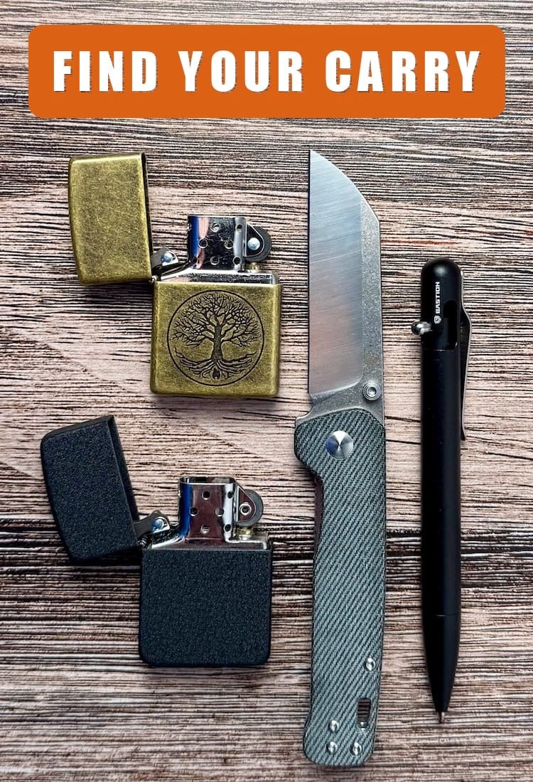 Mobile EDC gear flat lay: pocket knives, Zippo lighters, and Tactile Turn pens on wood — Mighty Oak Supply Co. Find Your Carry