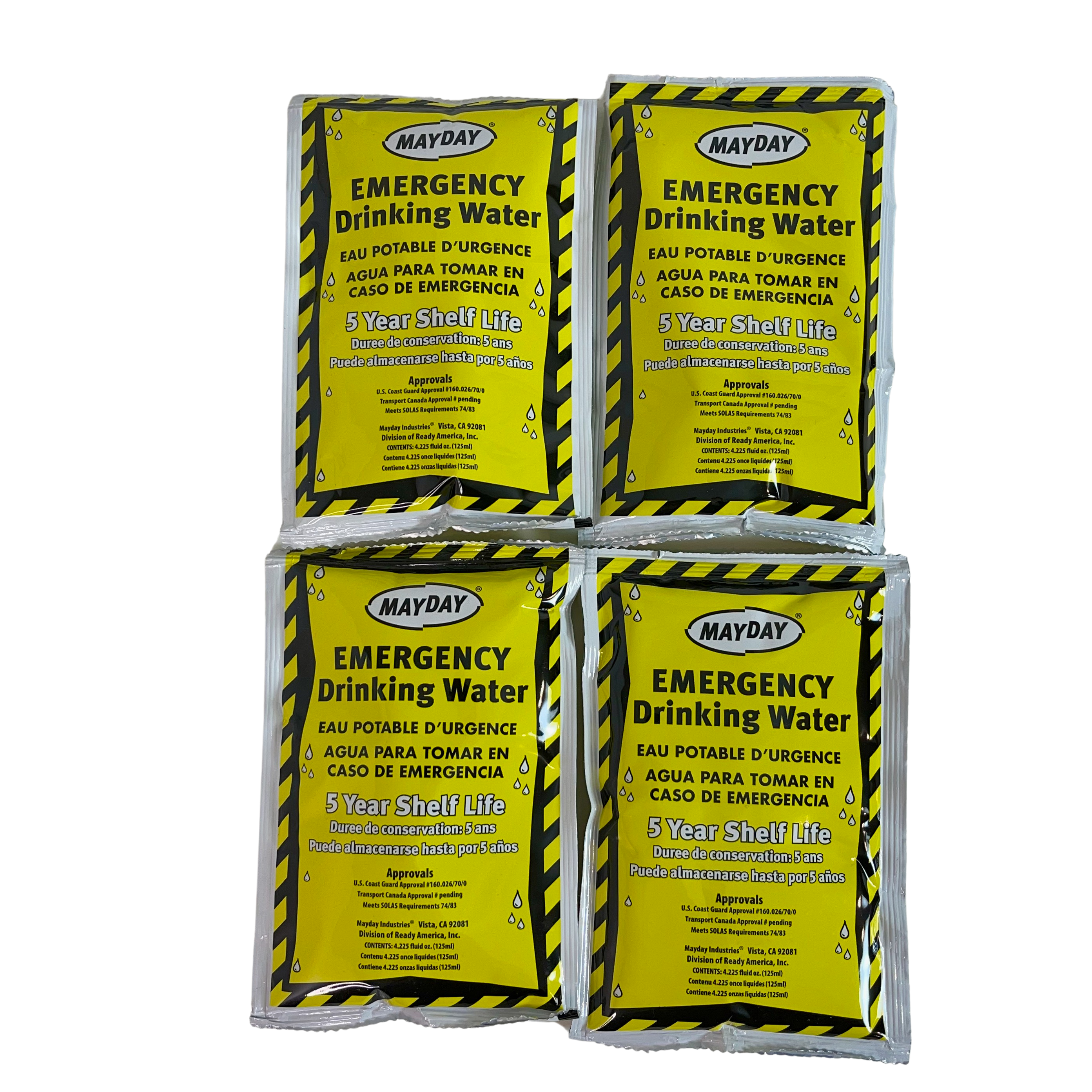 Mayday Emergency Hydration Pouches: 5-Year Shelf Life Water 4 Pack (500 ml/16.9 oz)