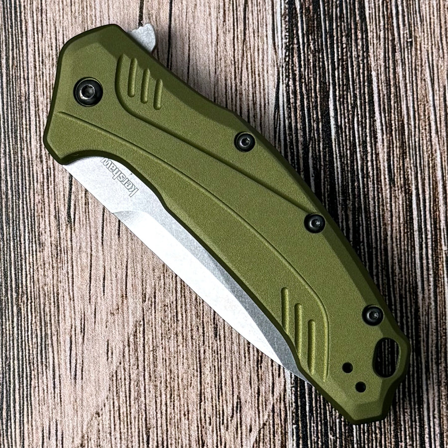 Kershaw Link pocket knife with stonewashed blade and olive green handle