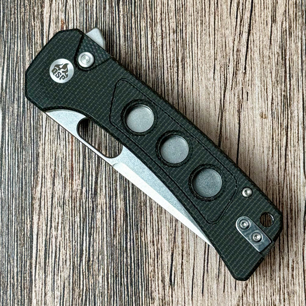 QSP Knife Unicorn Button Lock Knife with micarta handle scales and pocket clip